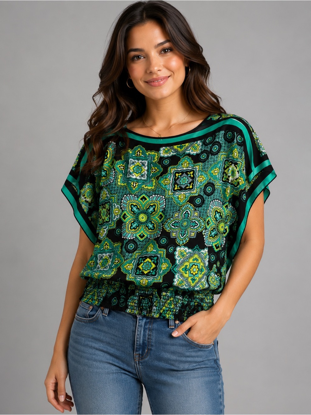 Takara Vibrant Green and Black Patterned Women’s Top
